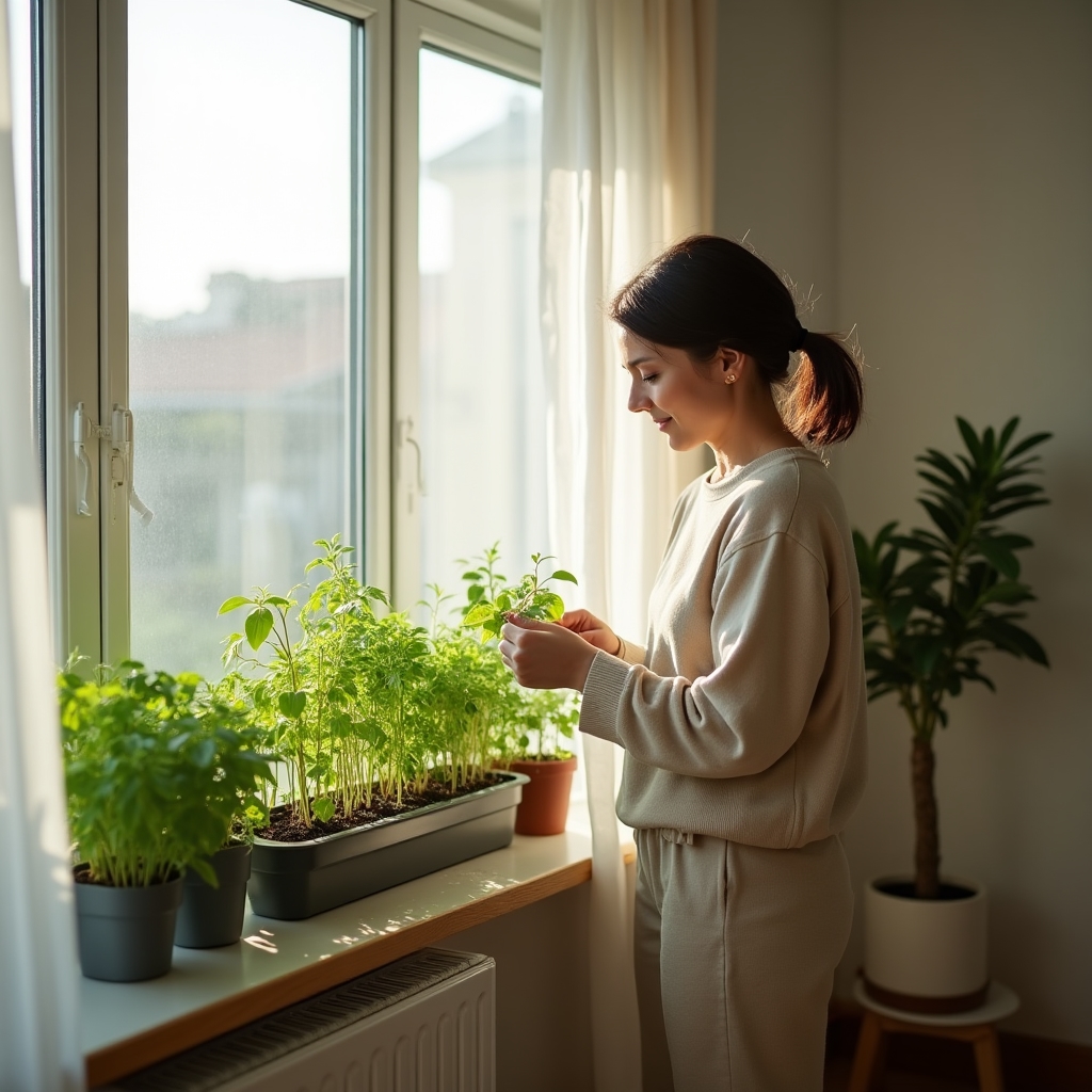 Interior de un departamento con plantas cultivadas cerca de una ventana con luz natural
