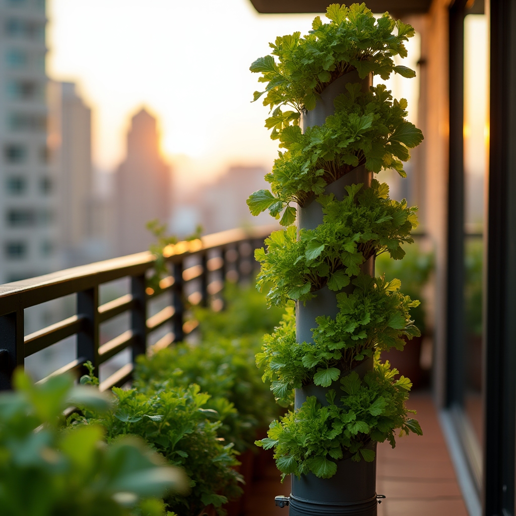 Sistema de cultivo vertical hidropónico instalado en un balcón urbano